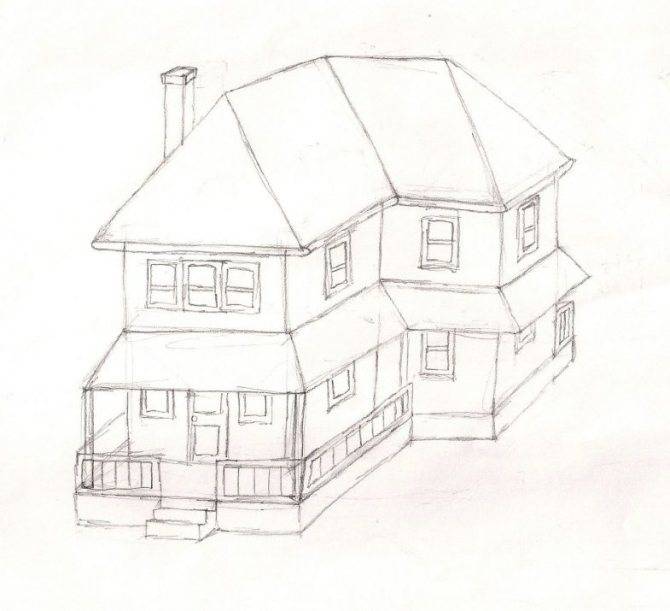 Рисунок дома для детей карандашом в деревне, перспективе, черно-белый, цветной с комнатами, садом